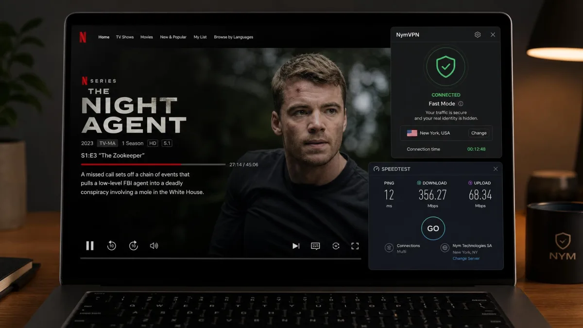 Laptop screen showing a streaming service playing while NymVPN's Fast Mode is connected, with a speed test overlay in the corner.