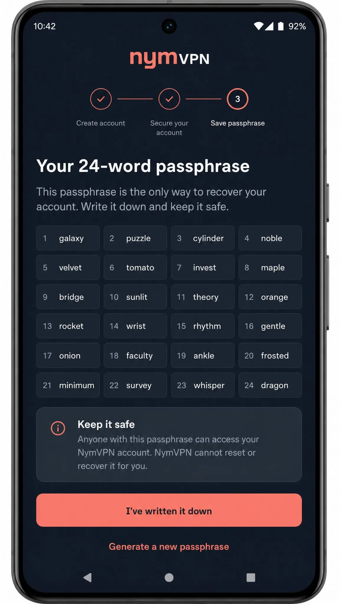 NymVPN signup screen displaying the 24-word passphrase generation step with no email field, on an Android phone.