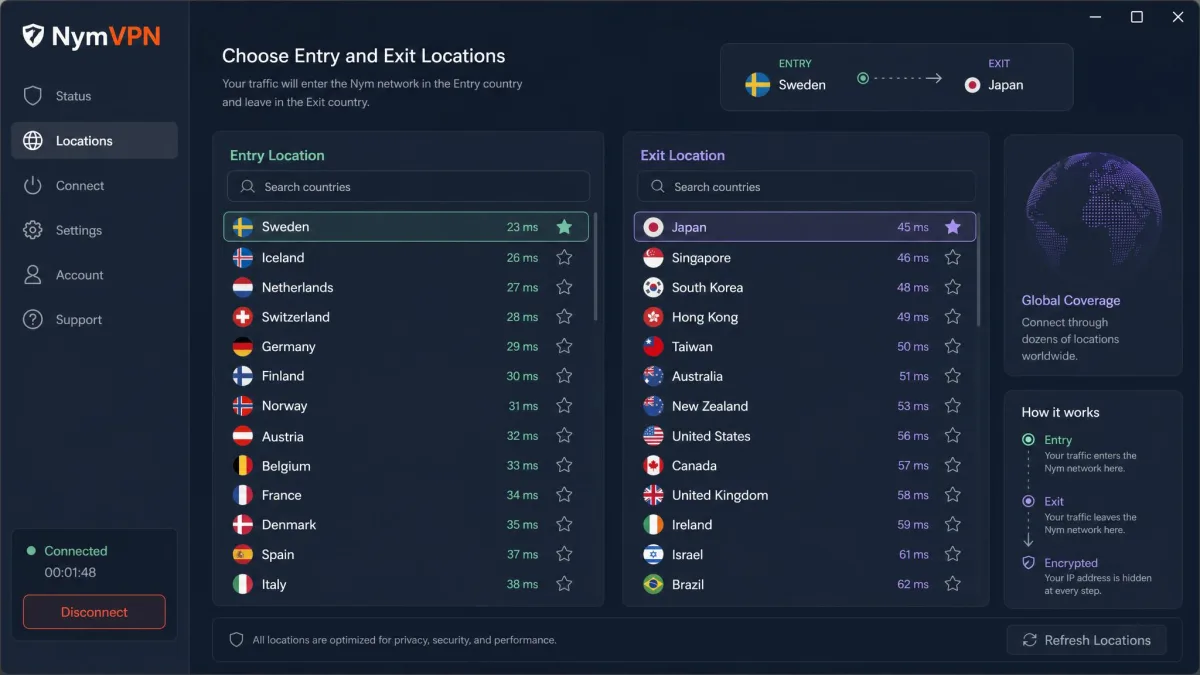NymVPN server location list in the desktop app showing entry and exit country choices spread across dozens of countries.