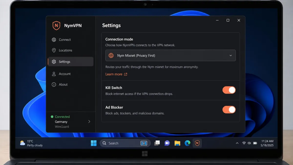 NymVPN settings panel showing the connection mode selector, kill switch toggle, and ad blocker option on a Windows laptop.