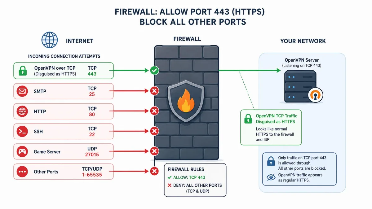 Illustration of a firewall allowing traffic on port 443 while blocking other ports, with OpenVPN TCP traffic disguised as HTTPS passing through the open port.