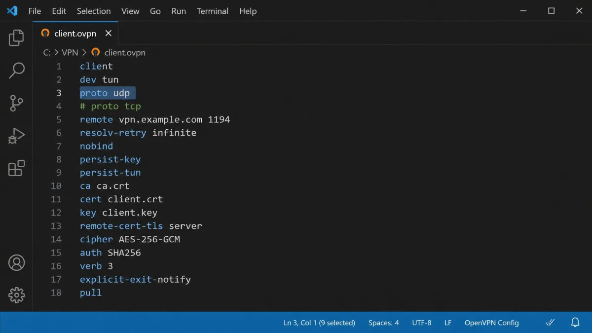 A text editor showing an .ovpn configuration file with the proto udp line highlighted, alongside a commented-out proto tcp alternative and a remote line ending in port 1194.