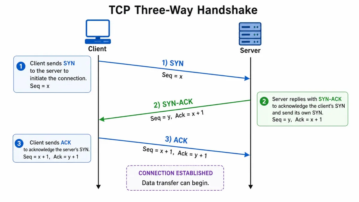 Diagram of the TCP three-way handshake showing SYN, SYN-ACK, and ACK messages exchanged between a client and server before data transfer begins.