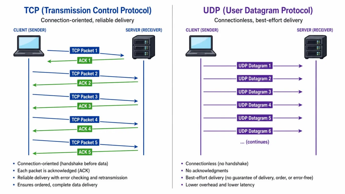 Side-by-side diagram showing TCP sending packets with acknowledgment arrows returning from the server, versus UDP sending a continuous one-way stream of datagrams with no return acknowledgments.
