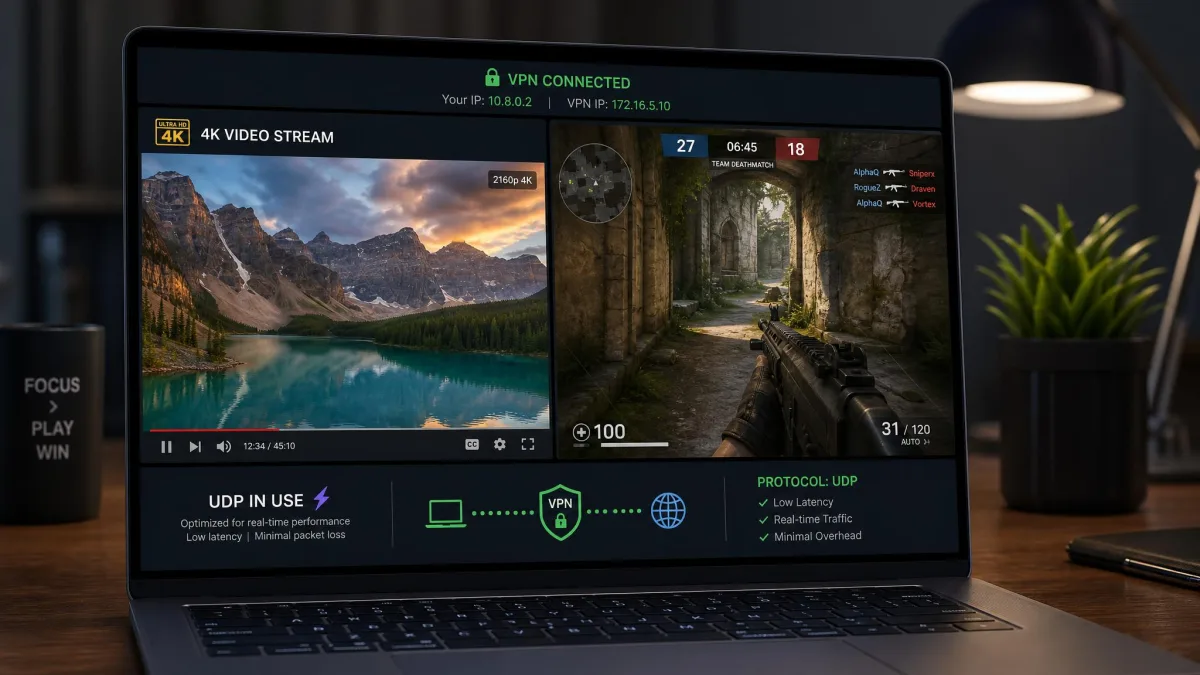 A laptop showing a 4K video stream and a game running side by side over a VPN connection, illustrating UDP being used for low-latency real-time traffic.