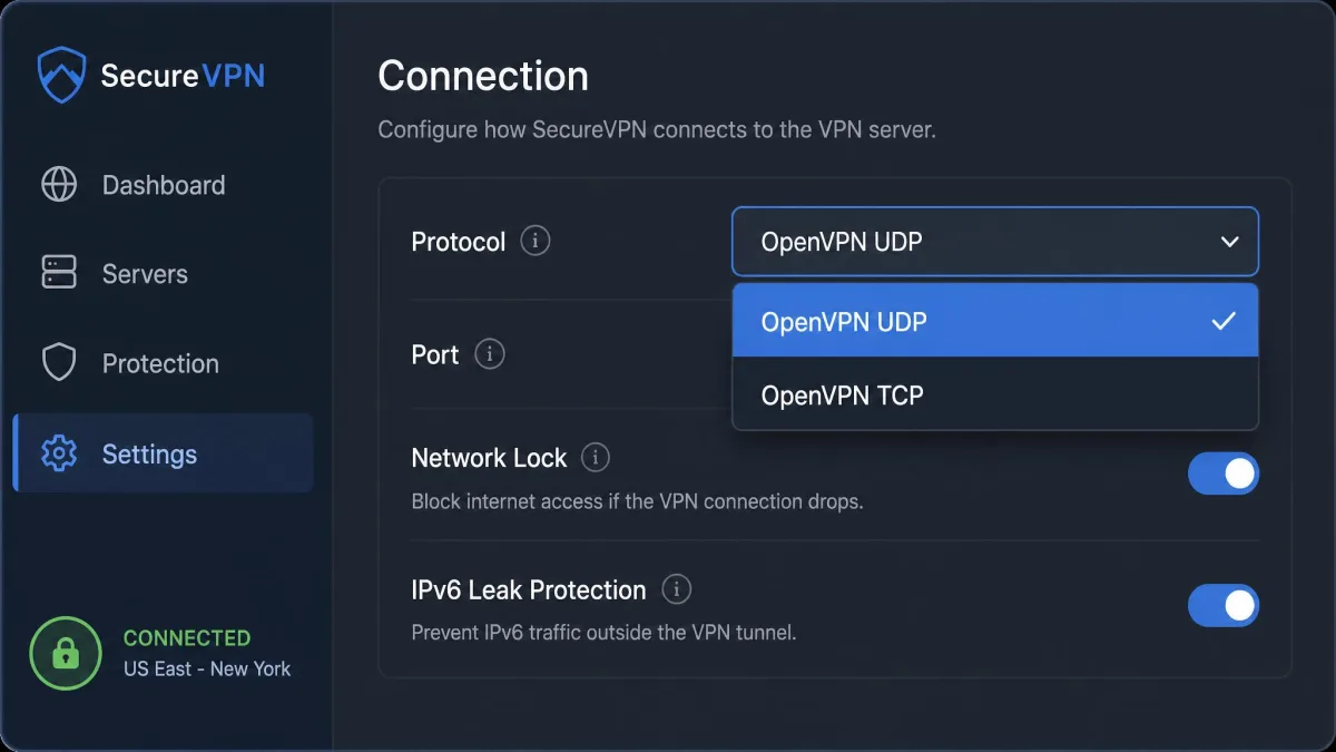Close-up of a VPN desktop app connection settings panel with a protocol dropdown expanded, showing OpenVPN UDP and OpenVPN TCP as selectable options.