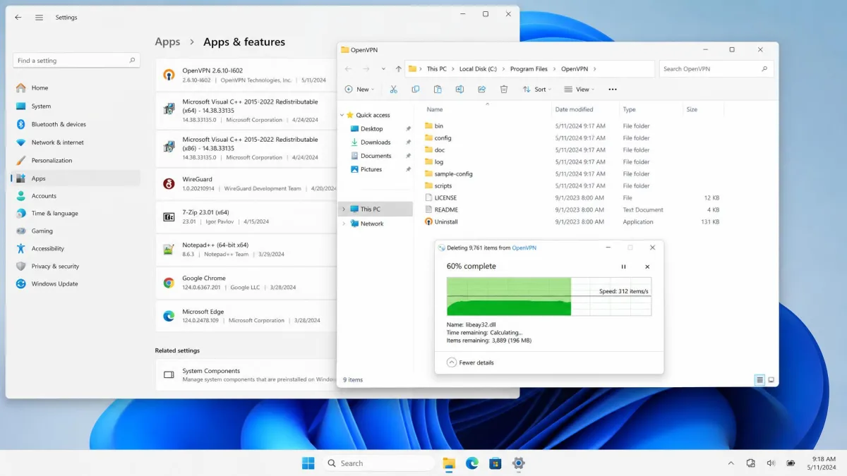 Windows File Explorer open to the Program Files OpenVPN folder being deleted during a clean uninstall, with the Settings apps list visible behind it.