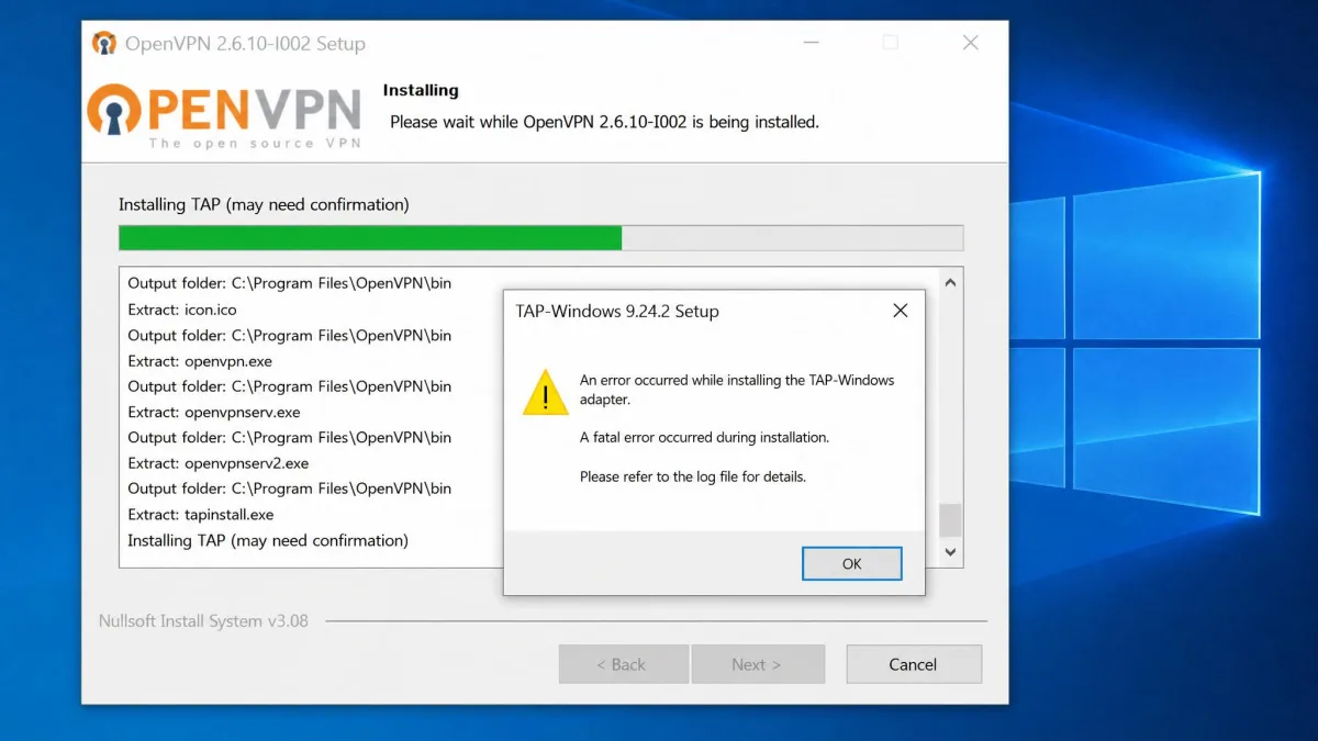 OpenVPN Windows installer stalled on the driver installation step, showing a TAP-Windows adapter error dialog over the setup progress bar.