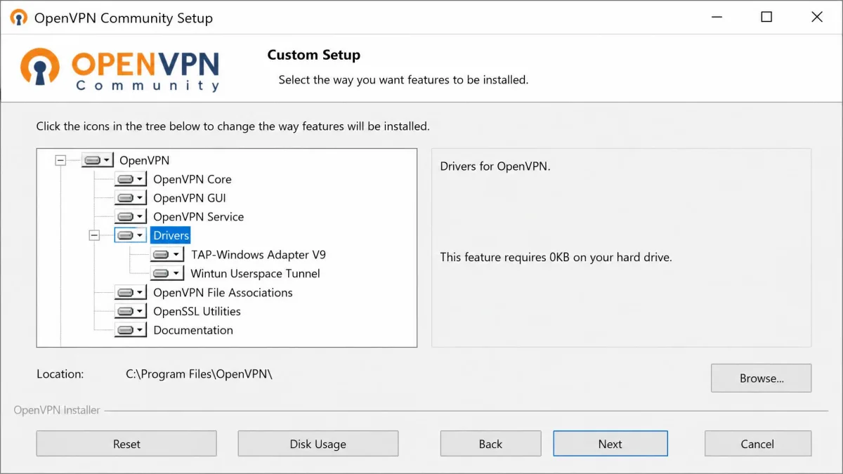 OpenVPN Community custom setup screen with the Drivers component expanded, showing TAP-Windows and Wintun adapter options ready to be enabled or disabled.