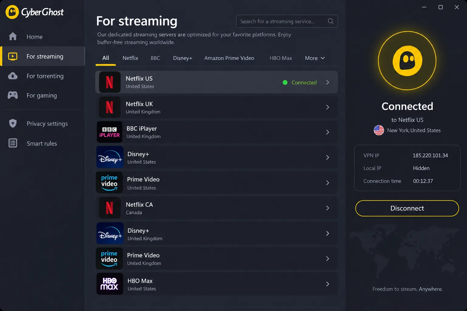 The CyberGhost app's "For streaming" tab listing servers labelled Netflix US, BBC iPlayer, Disney+ and Prime Video, with one connected.