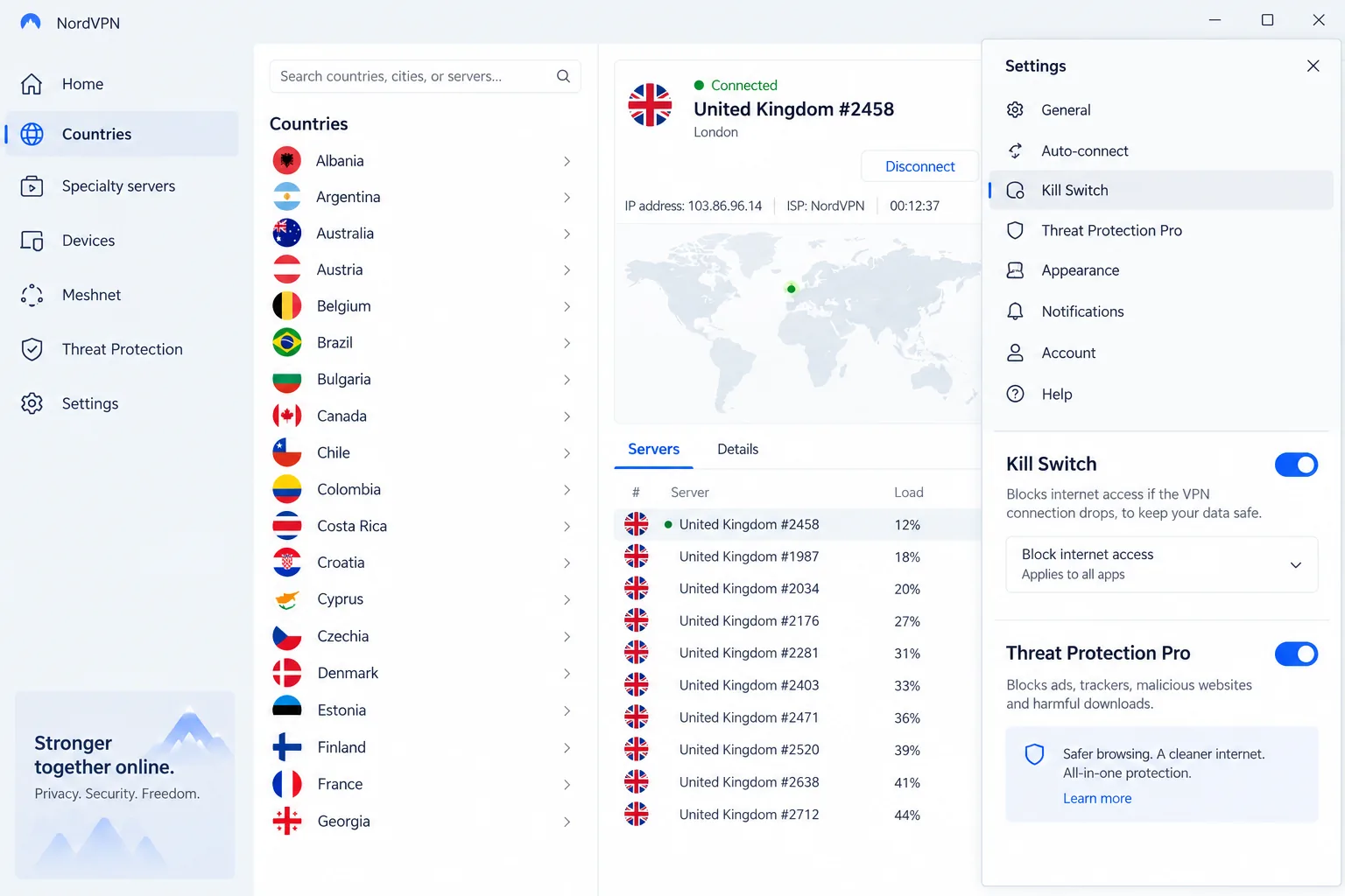 The NordVPN Windows app in list view, showing a connected server and the country list on the left, with the kill switch and Threat Protection Pro toggles visible in settings.