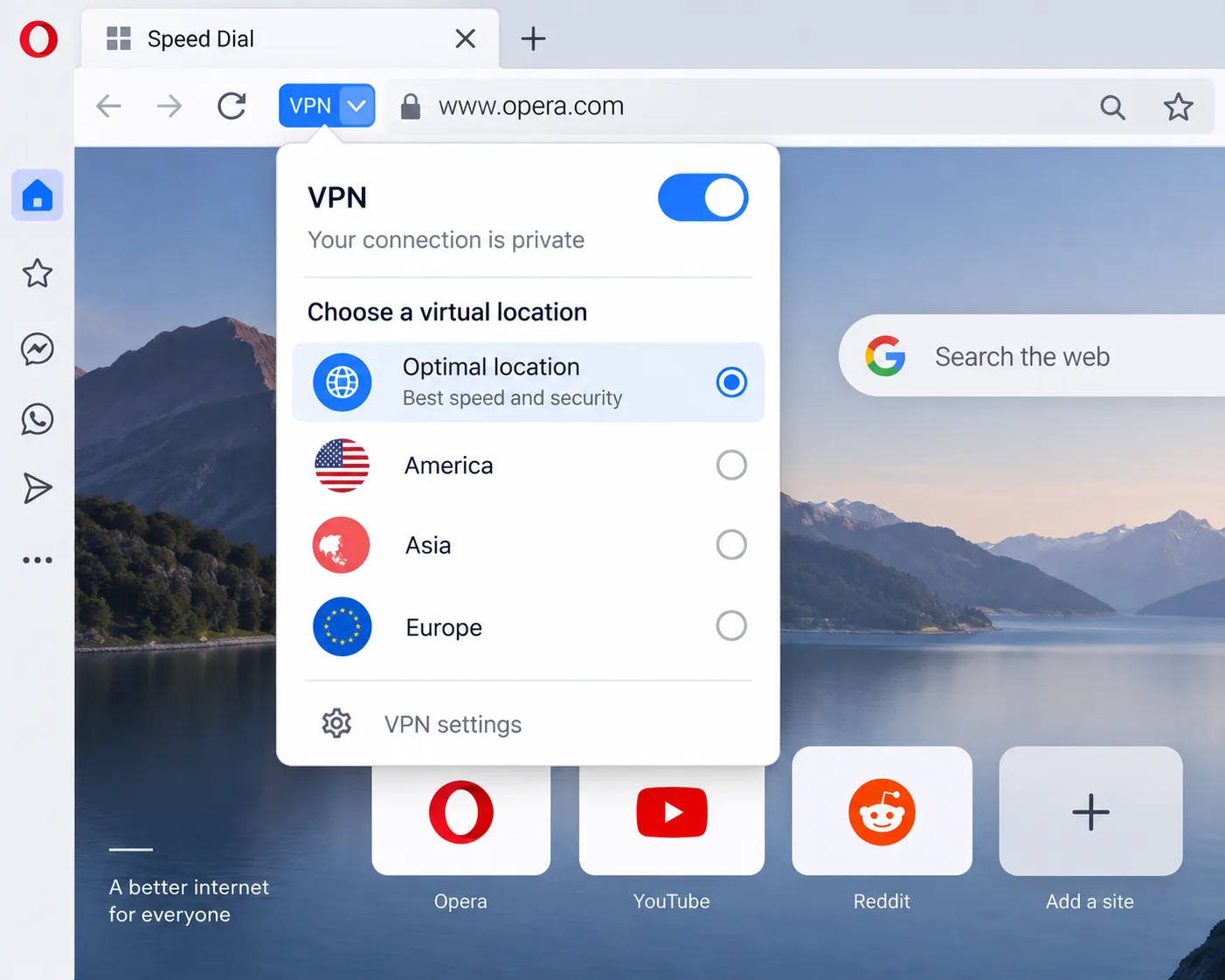 The Opera browser's VPN badge menu open in the address bar, showing the three region choices of America, Asia and Europe plus the Optimal location default.