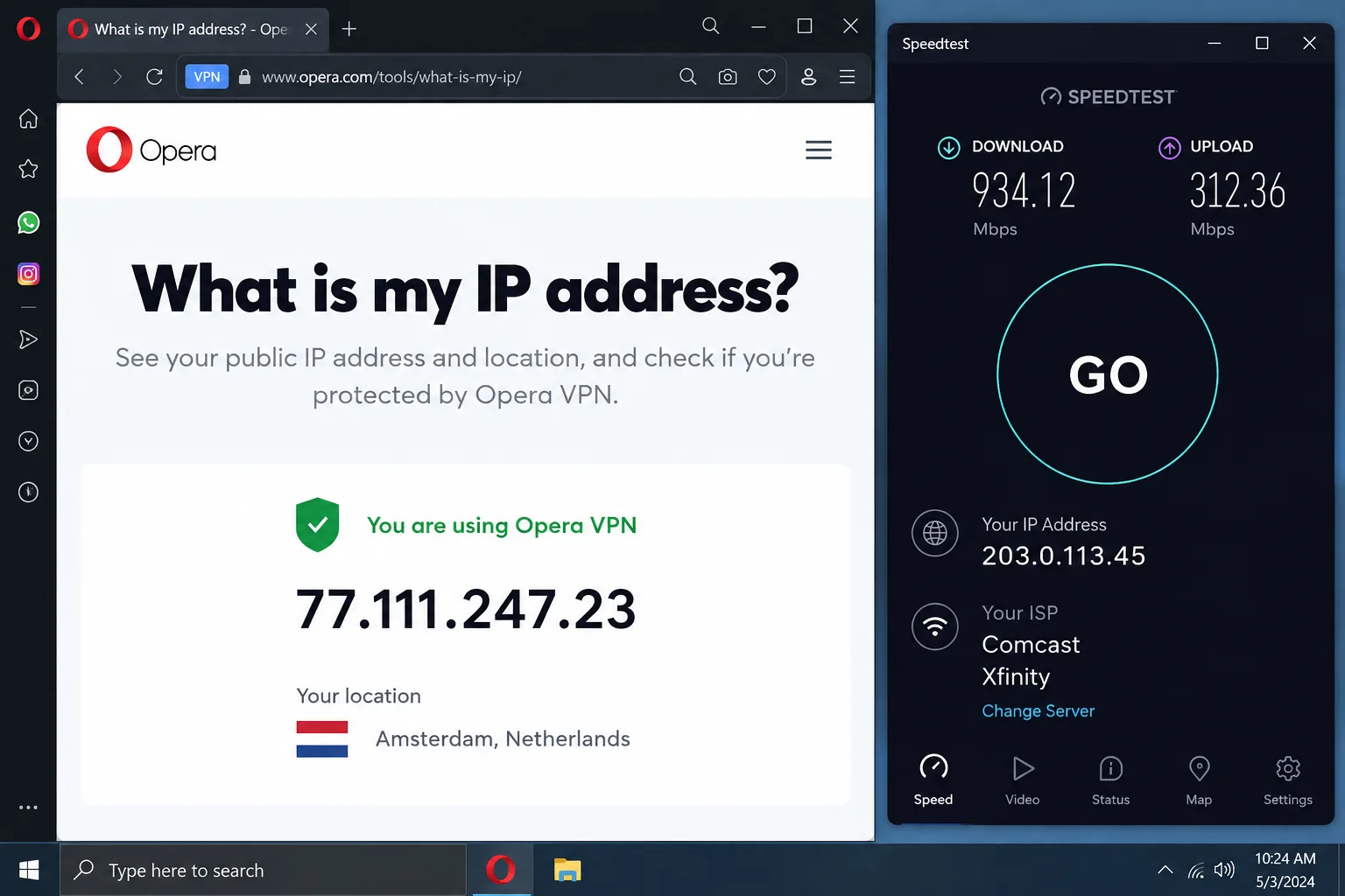Opera's browser with the VPN badge lit in the address bar, next to a desktop speed-test app outside the browser that still displays the computer's real IP address and ISP name.