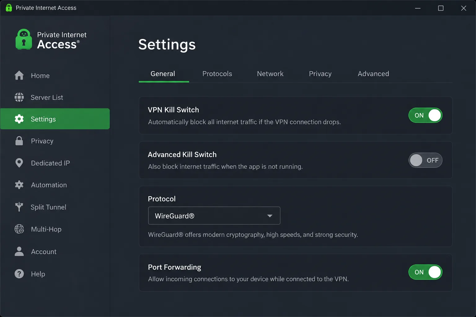 Private Internet Access settings on Windows, showing the two kill switch options, the WireGuard protocol selector and the port forwarding toggle.