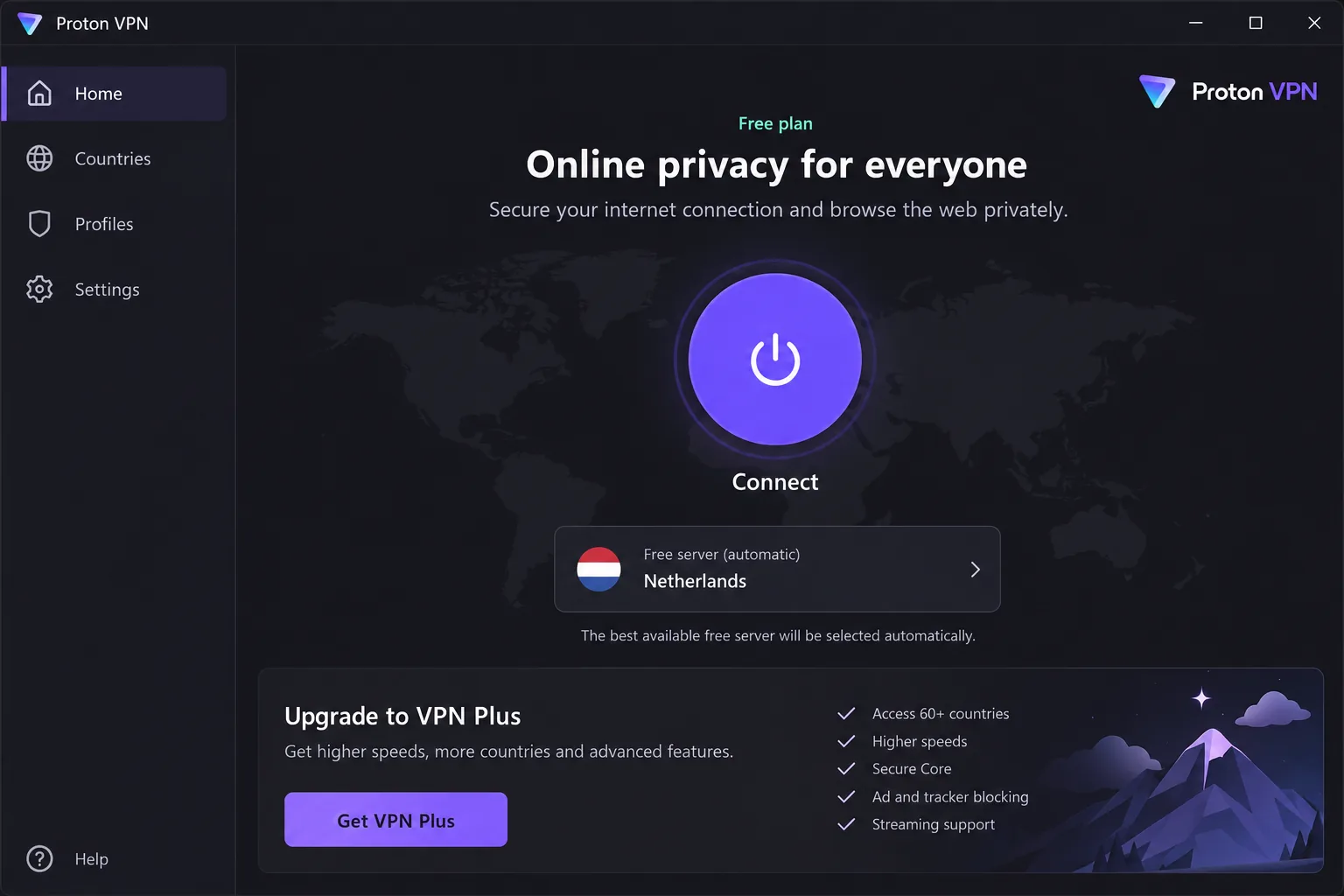 The Proton VPN app on Windows on the free plan, showing the large Connect button, the automatically chosen free server and the upgrade prompt for VPN Plus.