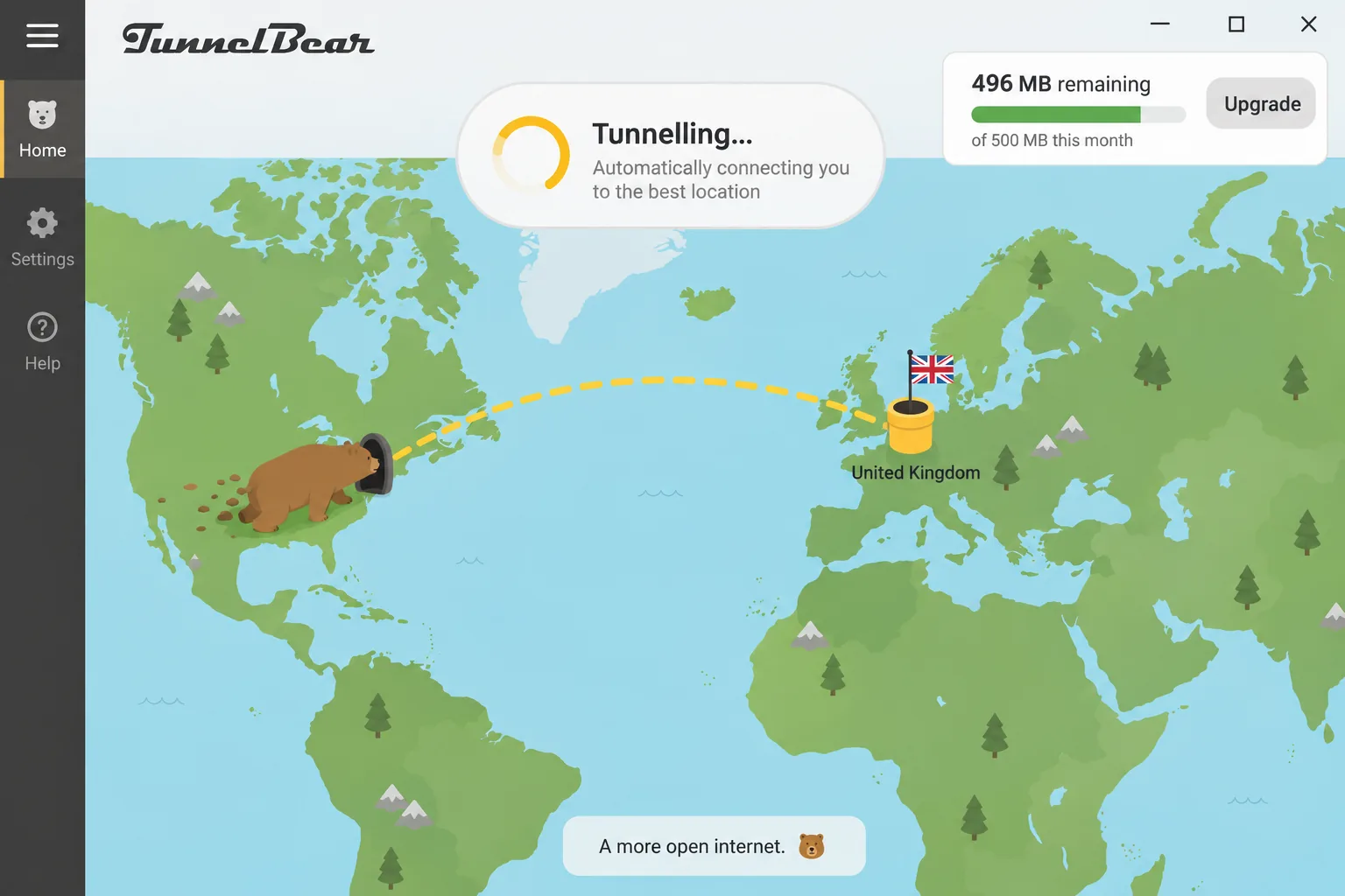 The TunnelBear app on the free plan, showing the bear tunnelling to an automatically assigned location on the world map and the monthly data remaining in the corner.