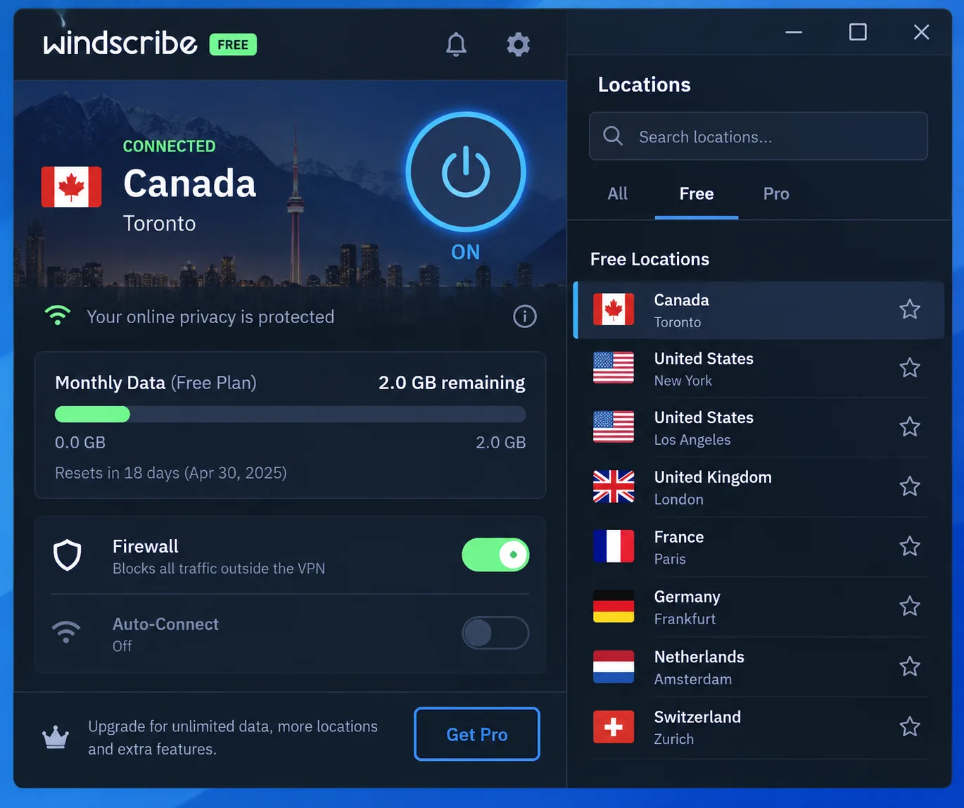The Windscribe desktop app on the free plan, showing the remaining monthly data allowance counter, the firewall toggle switched on and the free location list.