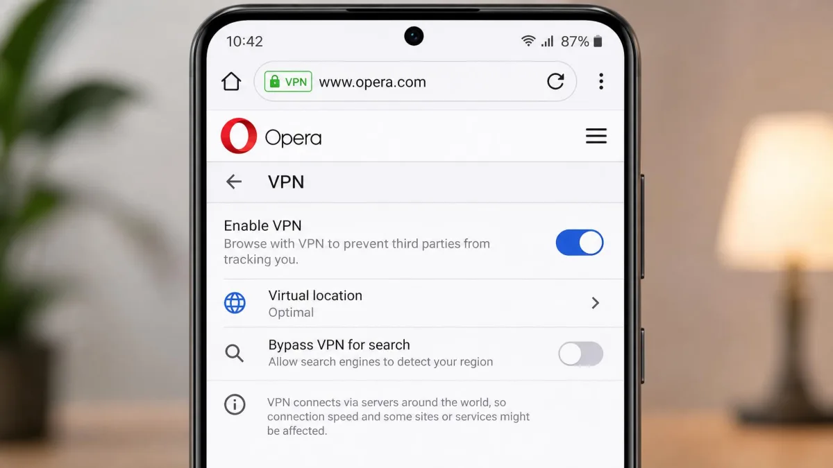 Opera browser for Android open on a phone showing the VPN toggle enabled in settings, with the address-bar VPN badge lit green.