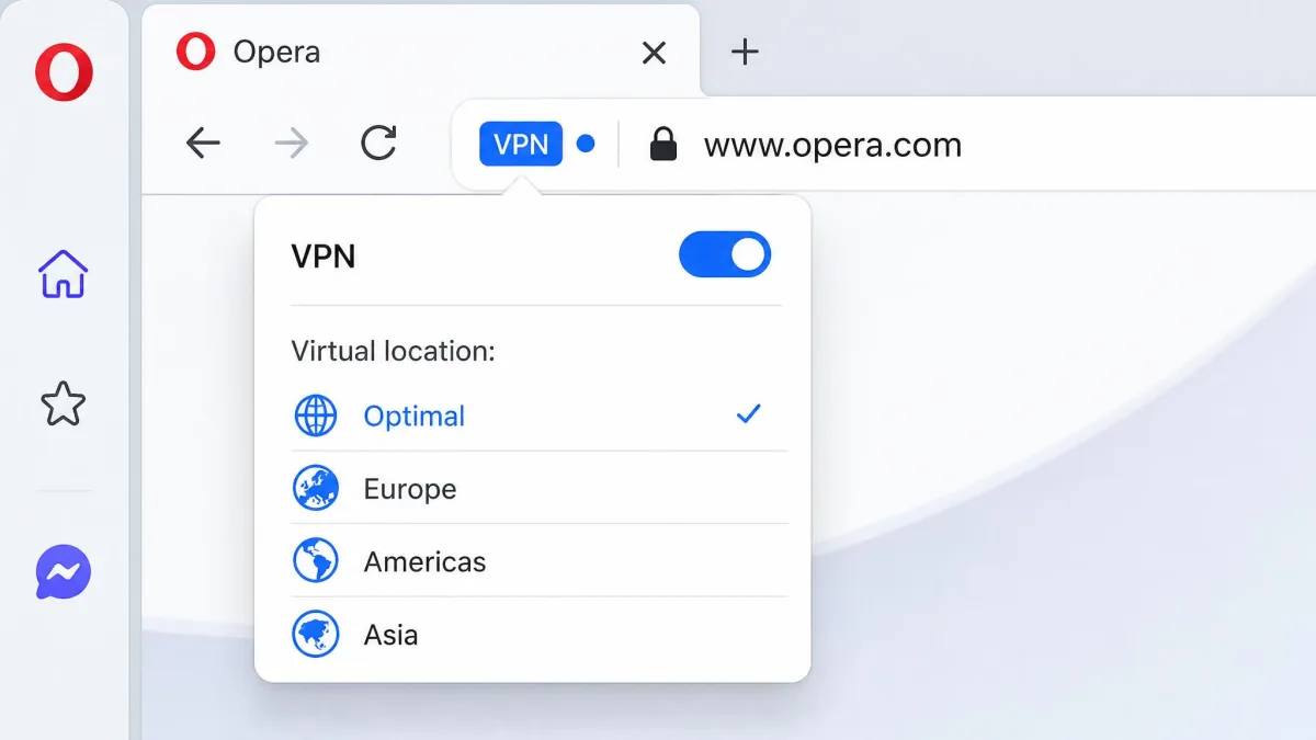 Close-up of the Opera browser address bar showing the blue VPN badge switched on, with the region selector panel open beside it listing Optimal, Europe, Americas, and Asia.