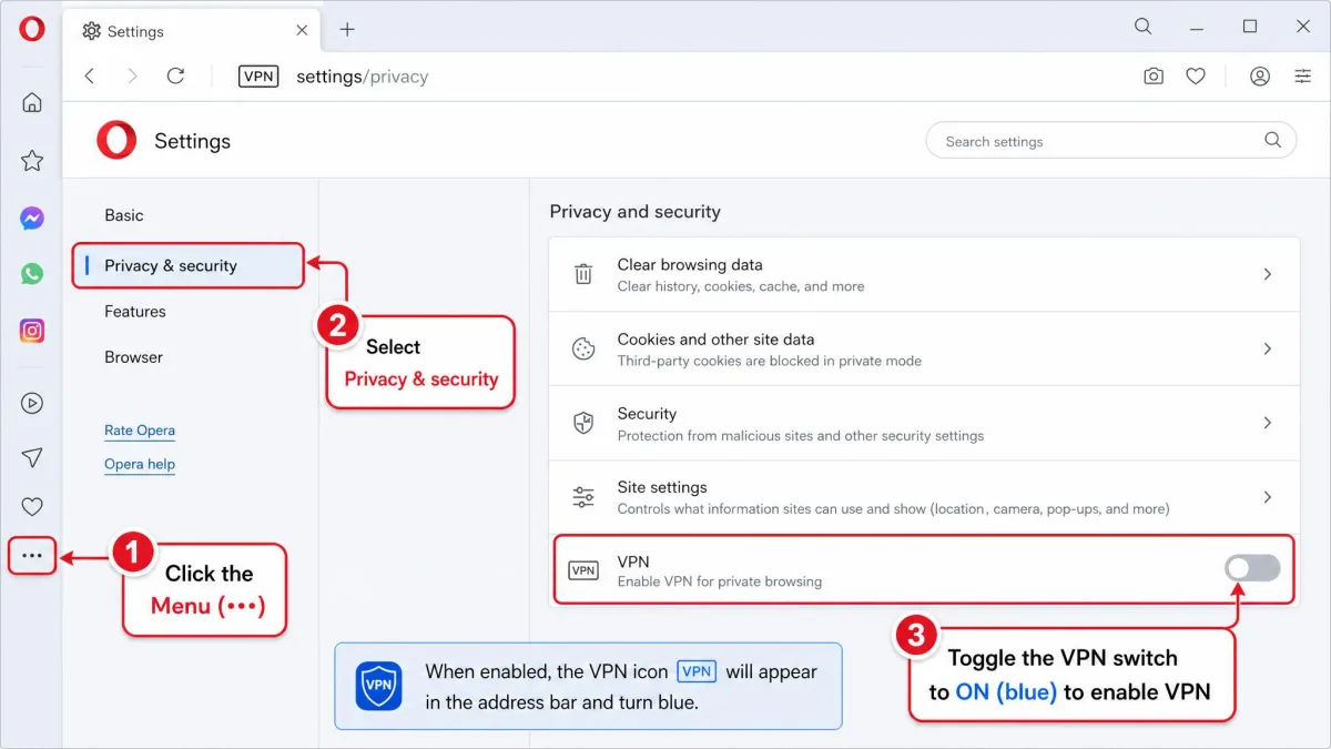 Annotated Opera desktop screenshot highlighting the path from Settings to Privacy and security to the VPN toggle, with numbered callouts showing each enable step.