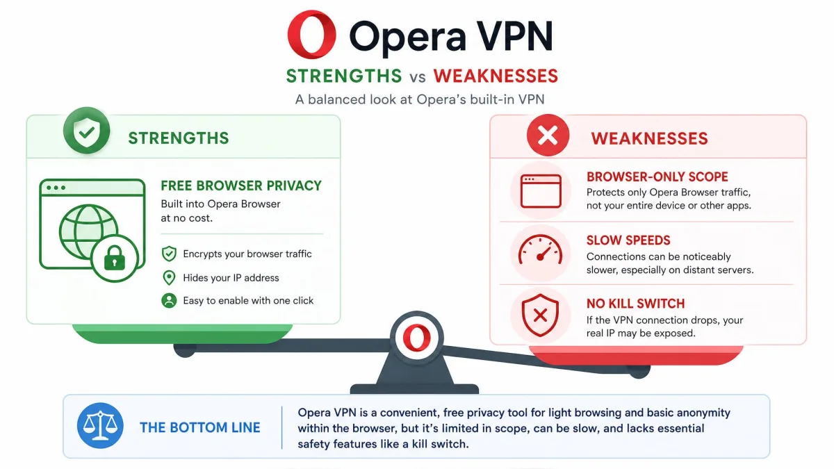 Summary graphic weighing Opera VPN's strengths and weaknesses, with free browser privacy on one side and browser-only scope, slow speeds, and no kill switch on the other.