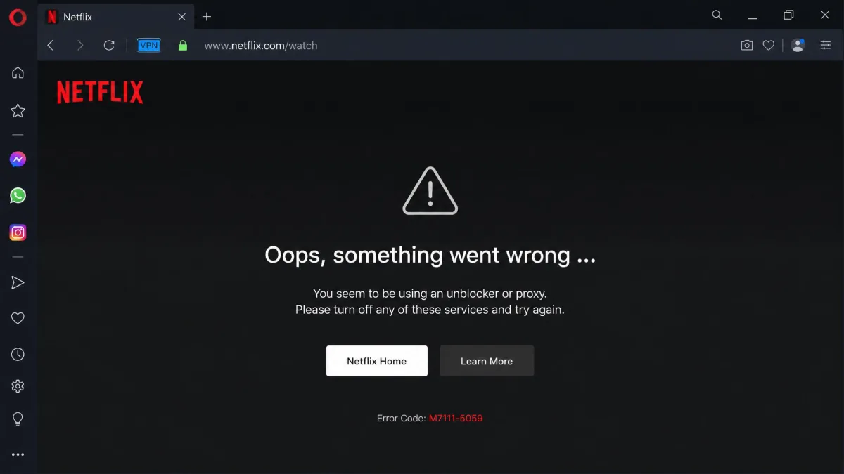Netflix streaming page displayed inside the Opera browser showing the proxy or unblocker error message while Opera's VPN badge is switched on.