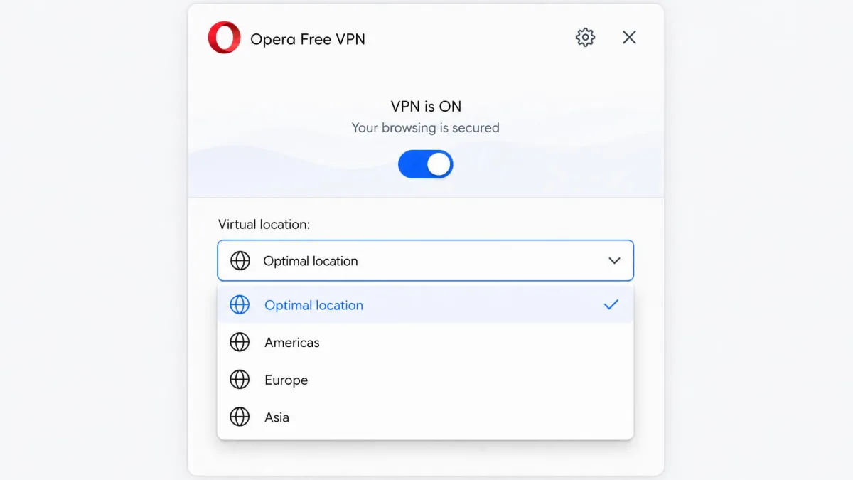 Opera free VPN region selector dropdown open, showing Optimal location selected at the top with Americas, Europe, and Asia listed as the only regional choices below.