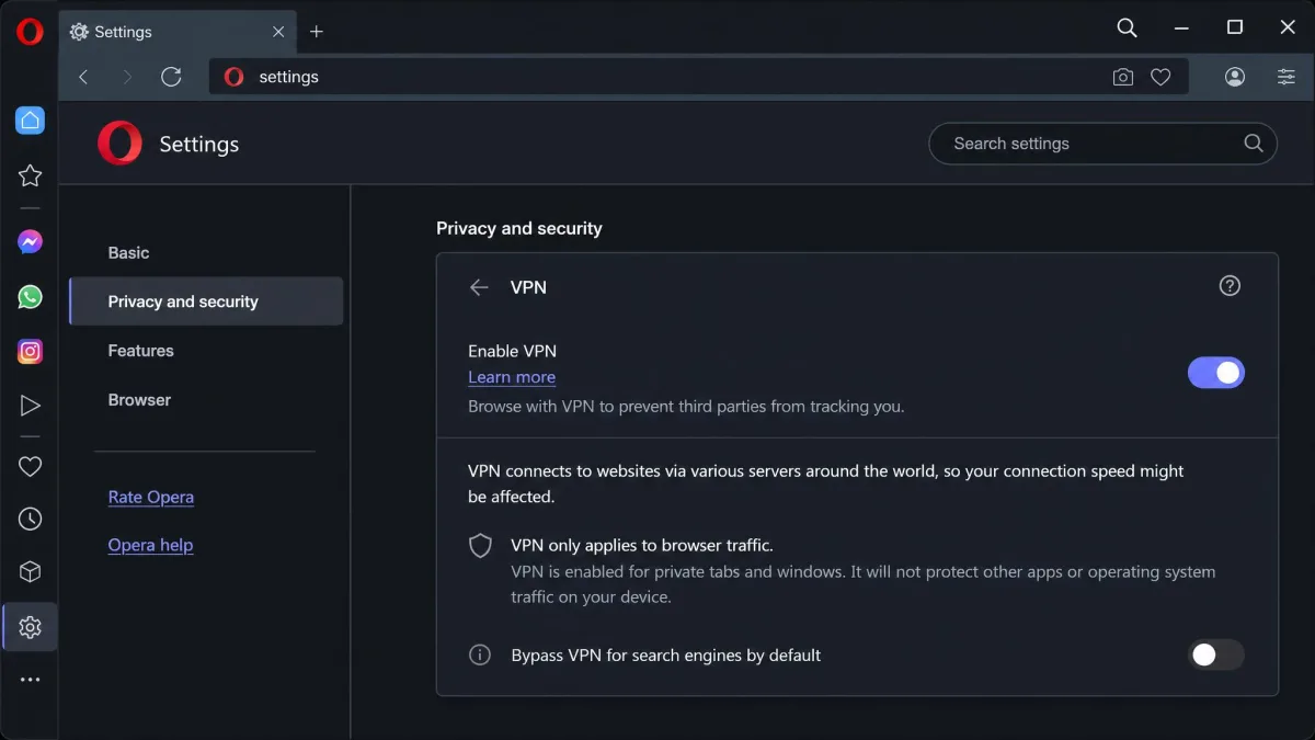 Opera desktop Settings page open to Privacy and security, showing the VPN section with the enable VPN toggle switched on and the description text explaining browser-only coverage.