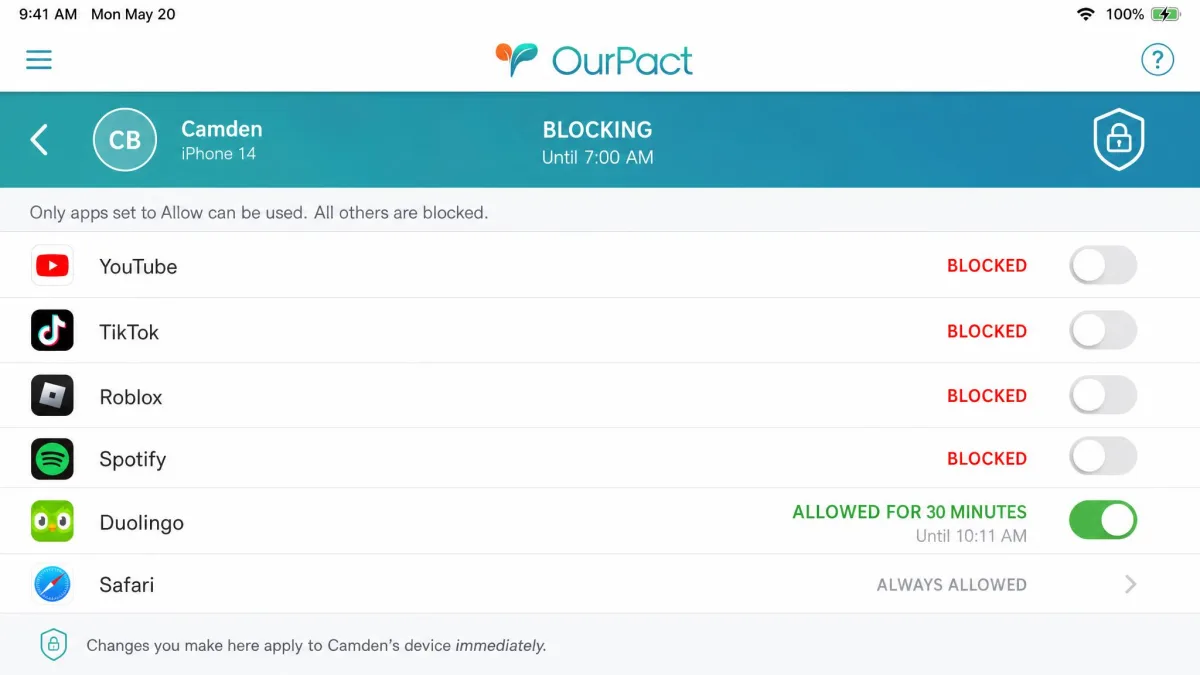 The OurPact app blocking screen listing a child's installed apps with individual toggles, several set to blocked and one granted for thirty minutes.