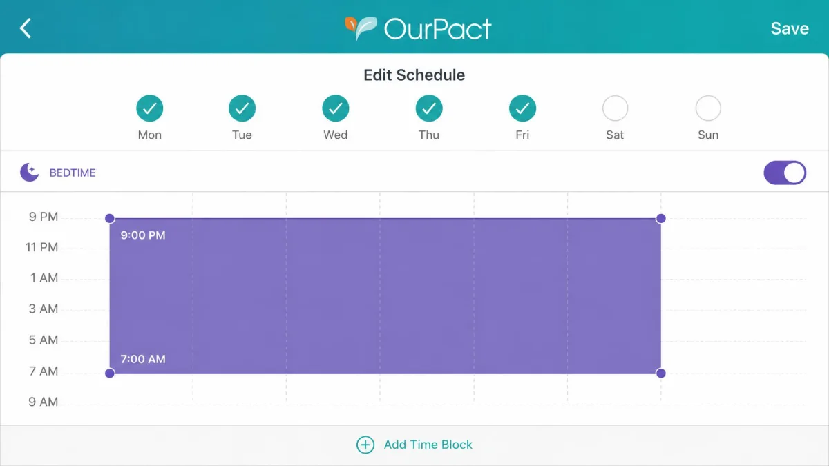 The OurPact schedule editor showing a bedtime block running from 9pm to 7am on weekdays, with day-of-week toggles along the top.