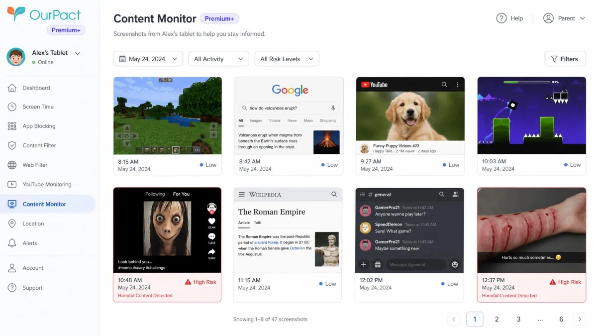 The OurPact Premium+ Content Monitor gallery showing a grid of timestamped screenshots from a child tablet, two flagged with harmful content warnings.