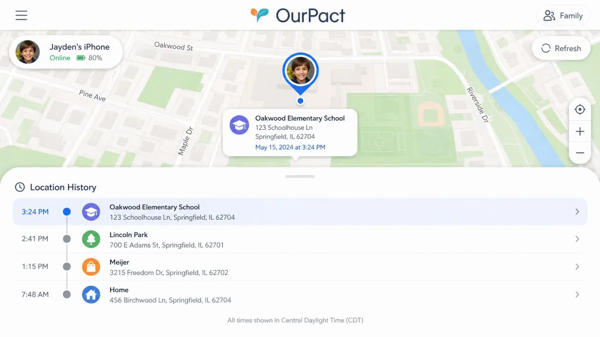 The OurPact family locator map showing a child device pinned at a school address with a timestamped location history list below it.