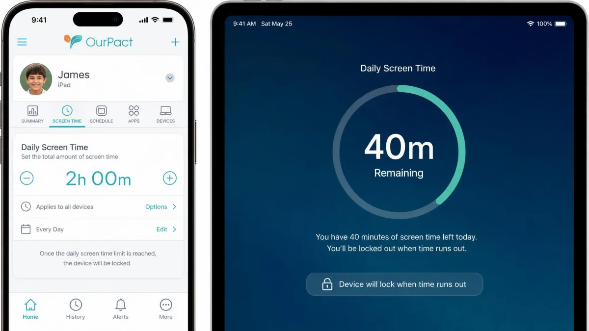 A daily screen time allowance of two hours set in OurPact, with a countdown showing forty minutes remaining on the child device.