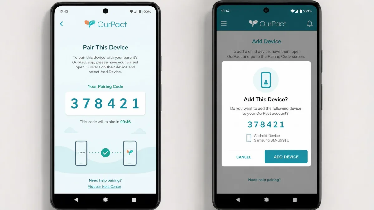 The OurPact child device pairing screen on an Android phone displaying a six digit pairing code alongside the parent app confirmation prompt.
