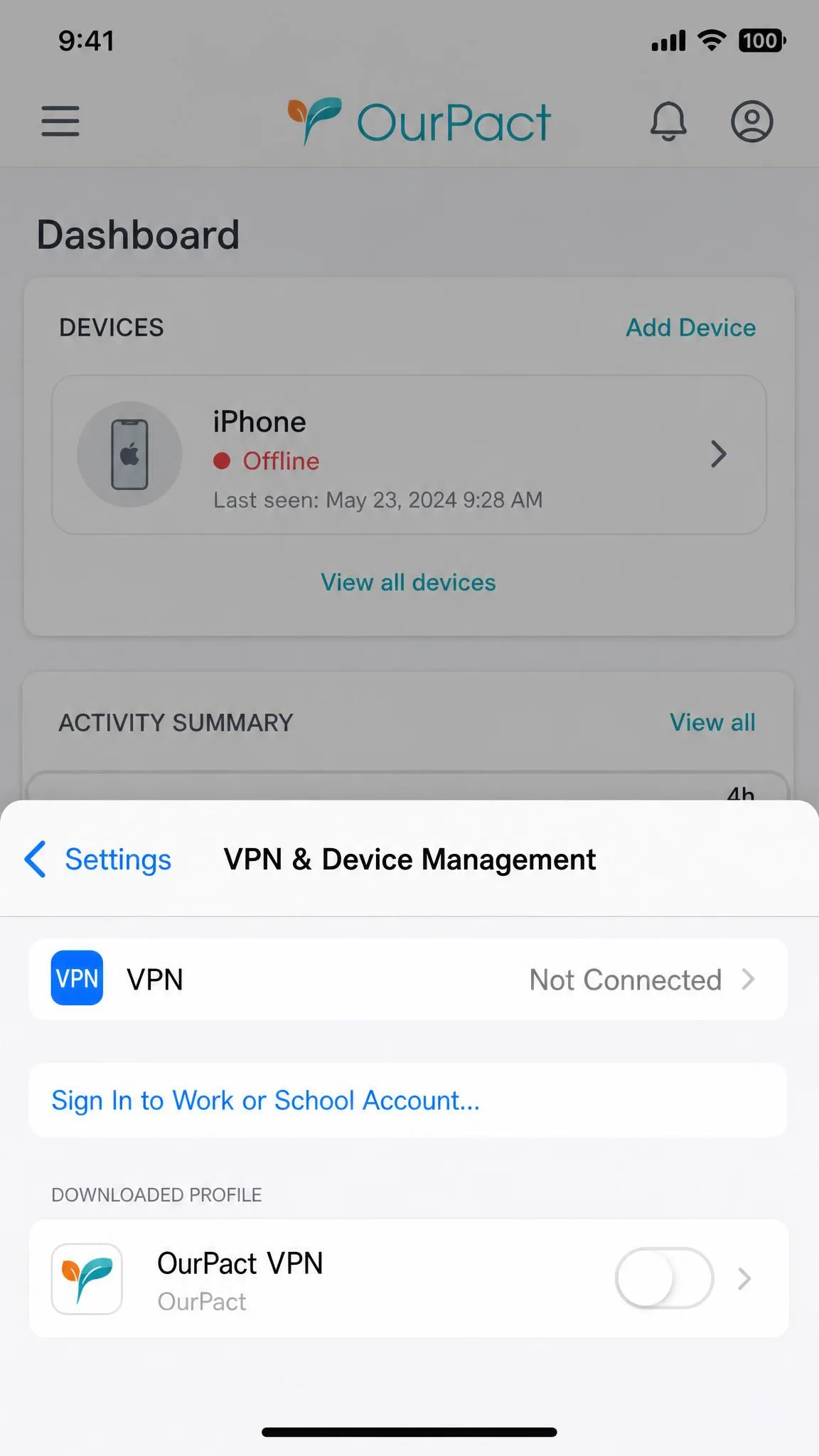 An iPhone Settings screen showing the OurPact VPN profile switched to disconnected, with the OurPact dashboard behind it listing the device as offline.