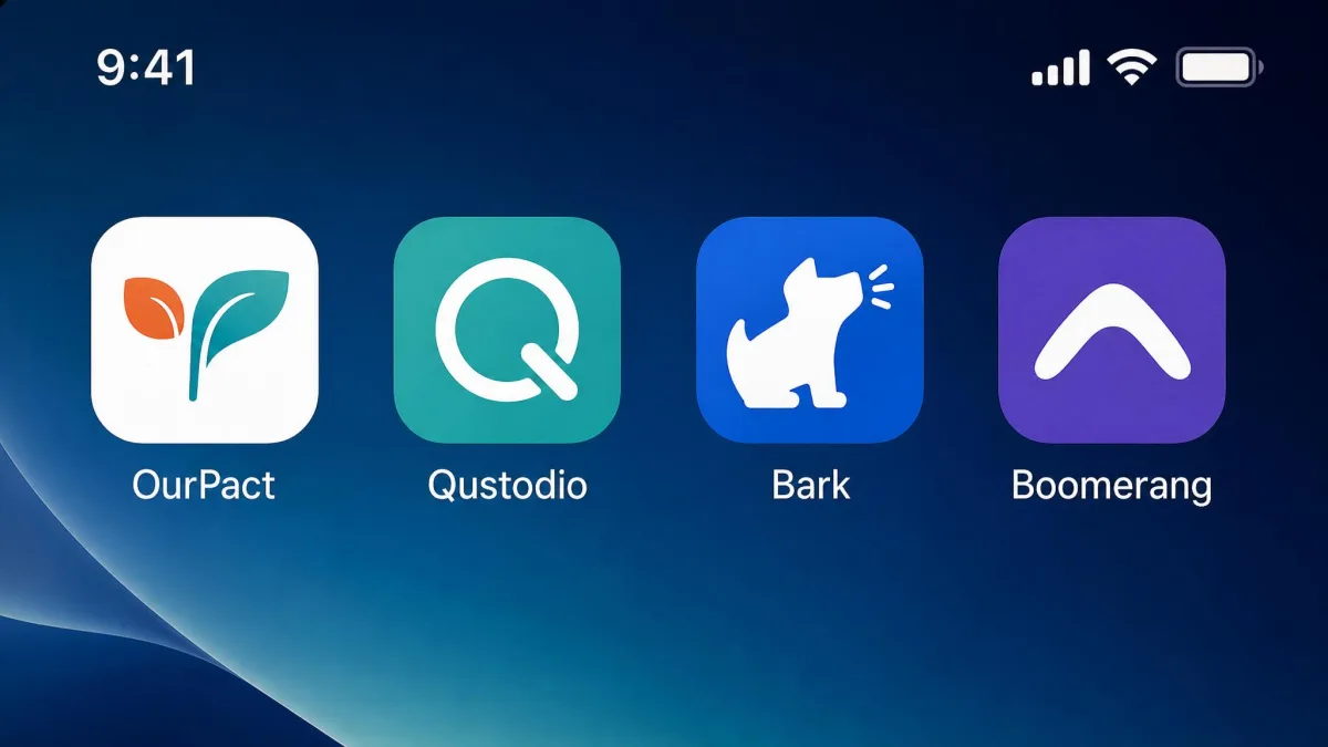 Four parental control apps, OurPact, Qustodio, Bark and Boomerang, shown side by side on a phone home screen ahead of a feature comparison.