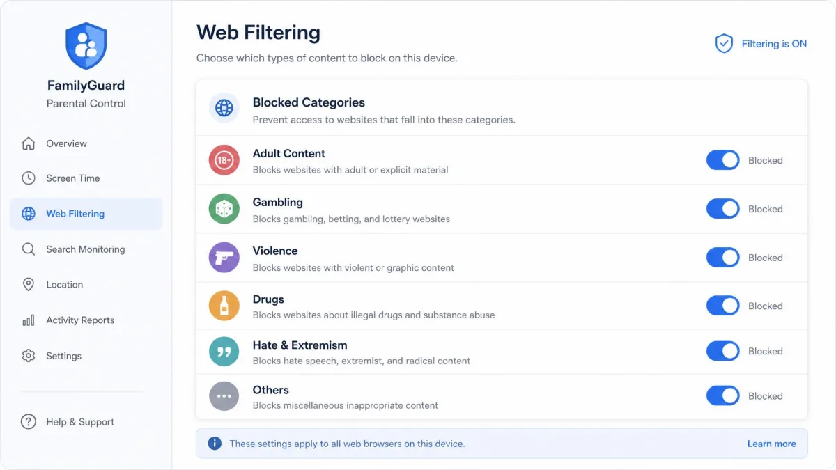 A parental control content filtering screen showing a list of blocked website categories such as adult content, gambling, and violence, with toggle switches beside each category.