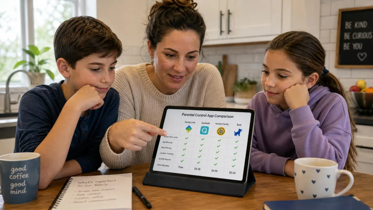 A parent and two children sitting together at a kitchen table looking at a tablet, comparing parental control app options.