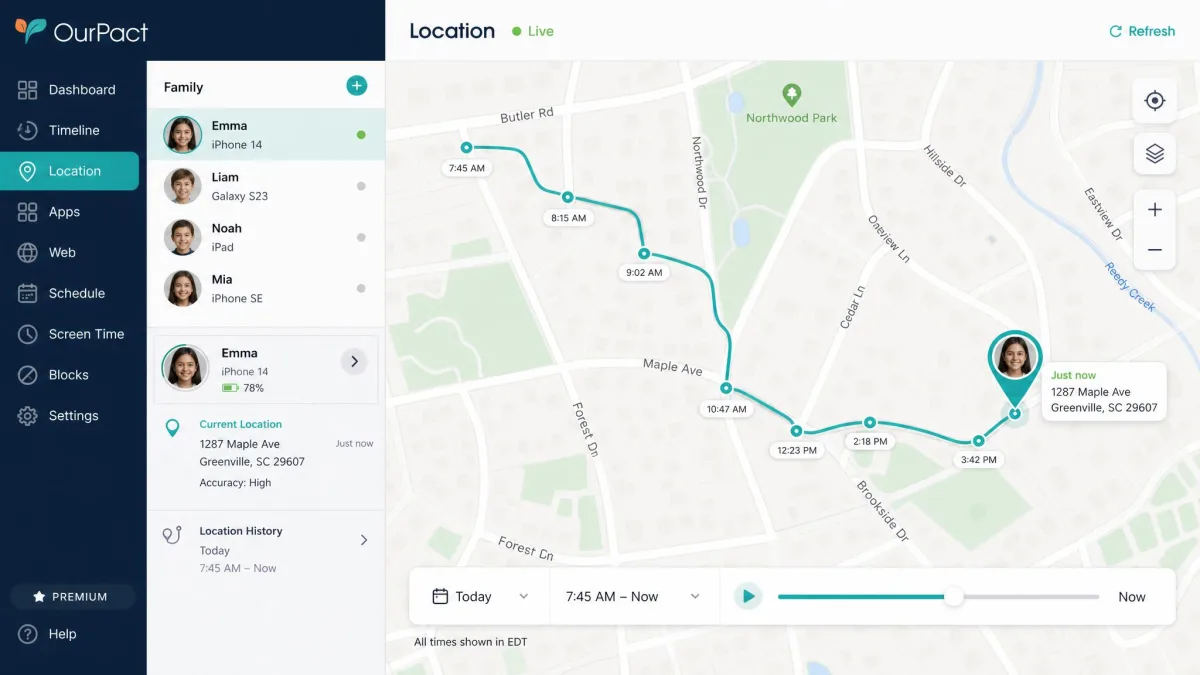 The OurPact live family location map showing a child device pin on a neighborhood street map with a location history trail from earlier in the day.
