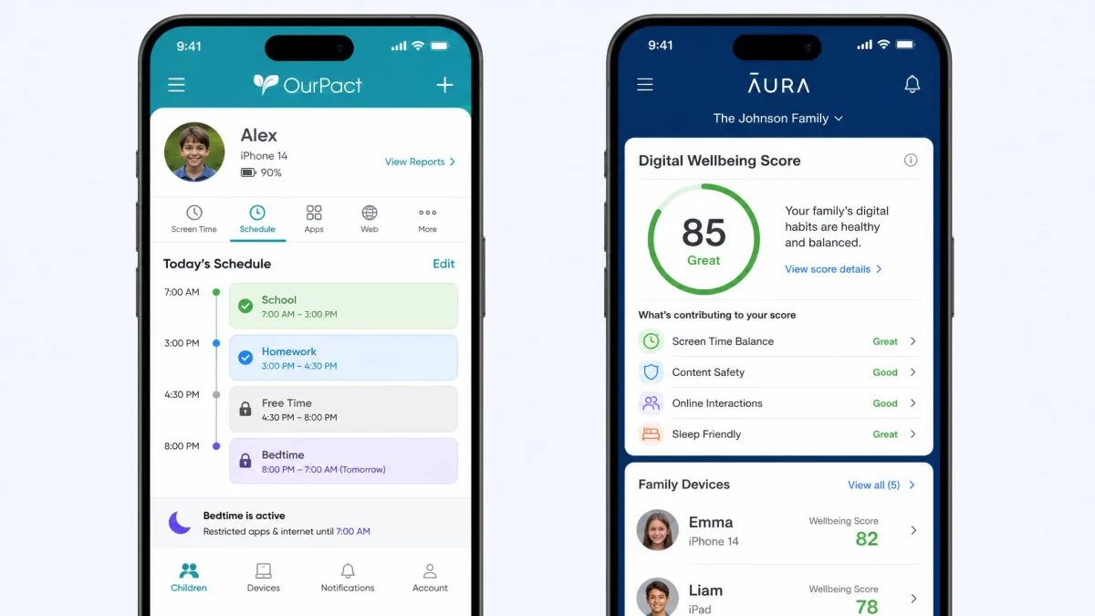 Side-by-side phone screens showing the OurPact parental dashboard with a child device schedule on the left and the Aura family safety dashboard with a digital wellbeing score on the right.