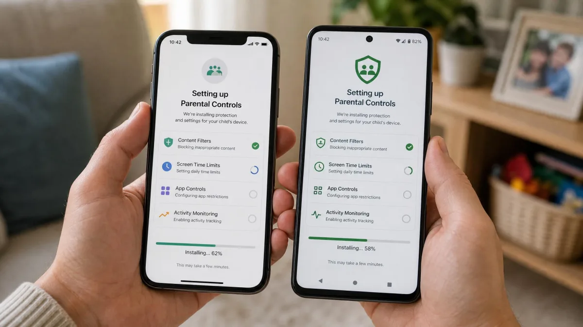 A parent's hands holding an iPhone and an Android phone side by side, both showing a parental control app setup screen mid-installation.
