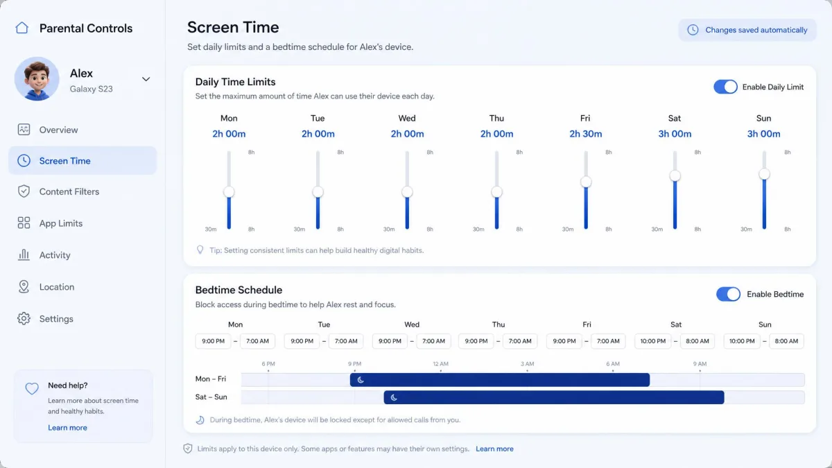 A parental control screen-time editor showing daily time limits and a bedtime block schedule with sliders for allowed hours on a child's phone.