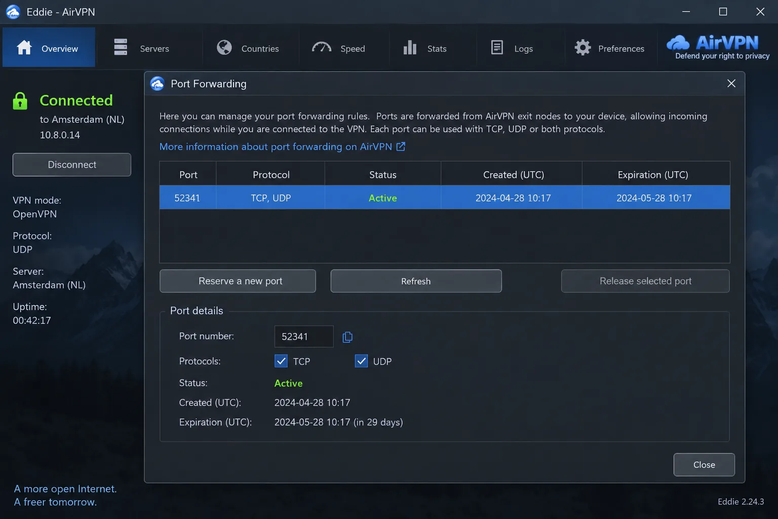 AirVPN's Eddie desktop client with the port forwarding panel open, showing a reserved port number and its TCP and UDP protocol settings.
