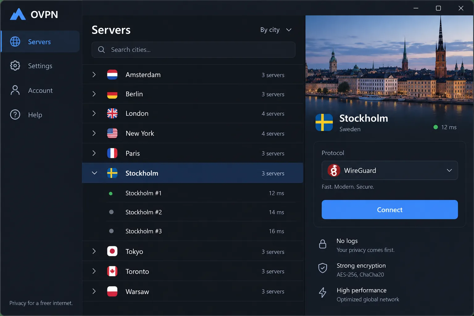 OVPN's Windows desktop app showing the server list grouped by city, with Stockholm selected and the WireGuard protocol shown in the connection panel.
