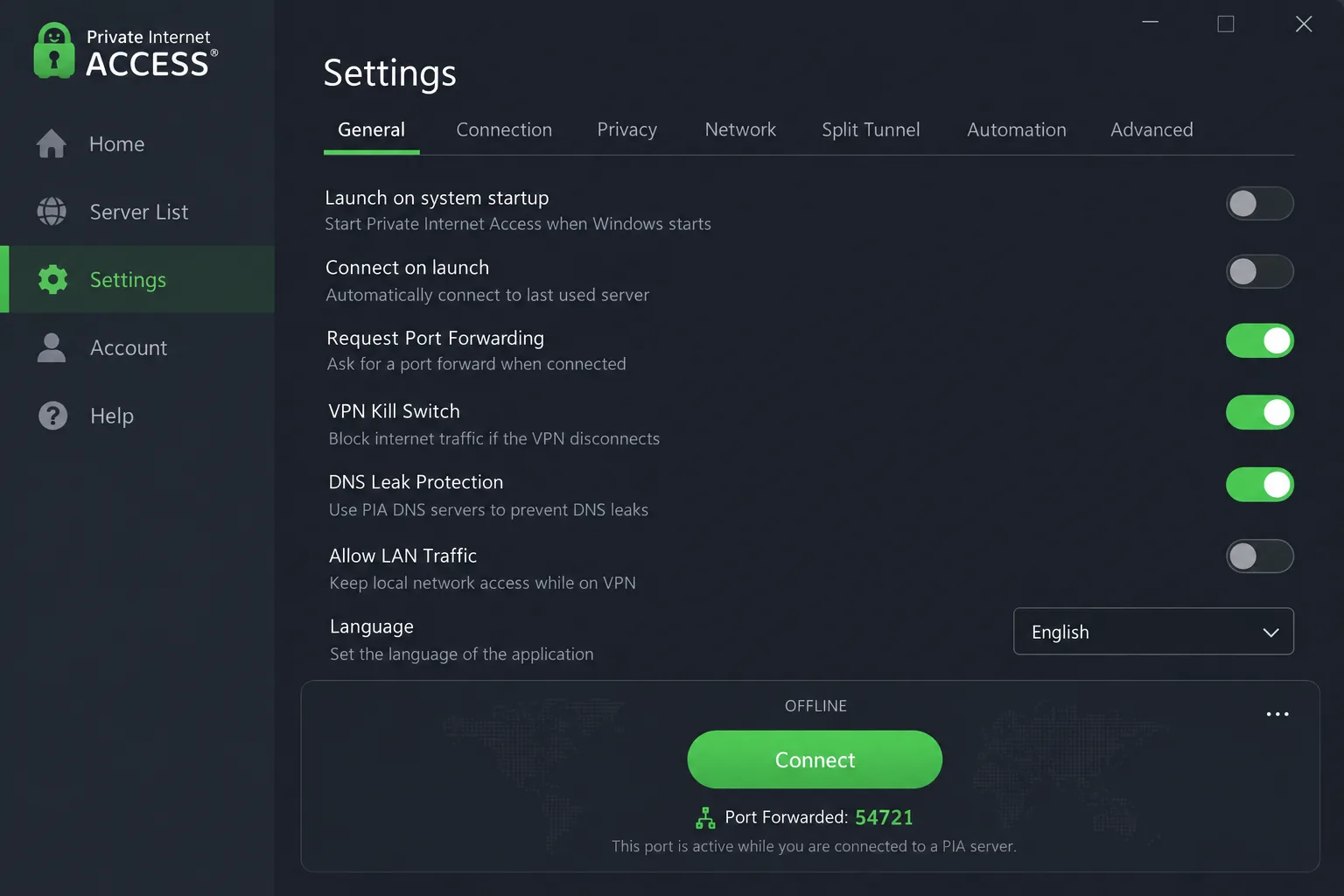 Private Internet Access Windows app settings with the Request Port Forwarding toggle switched on and a forwarded port number displayed under the connect button.