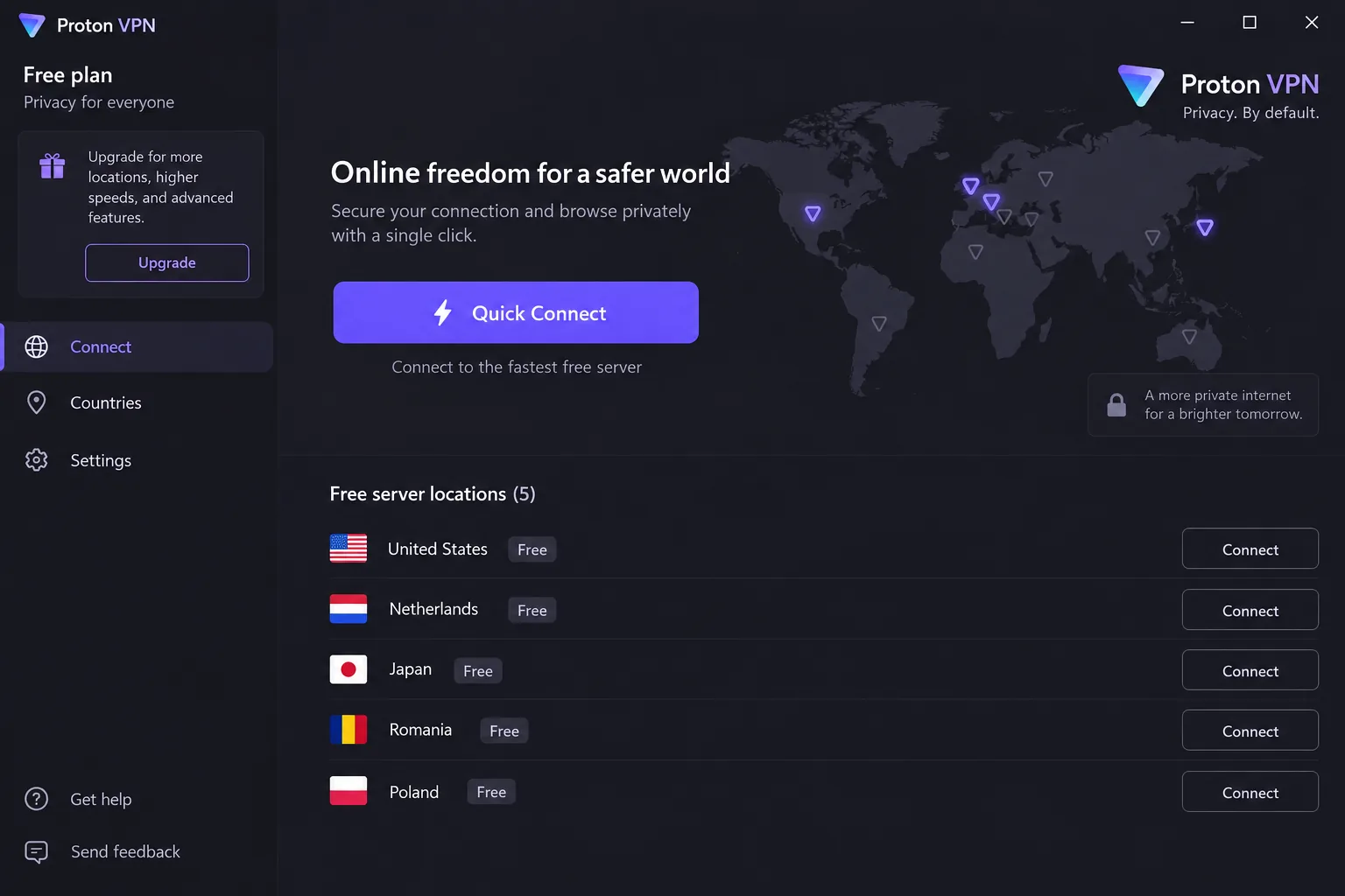 Proton VPN's free plan connect screen on Windows, showing the quick connect button and the list of free server countries.
