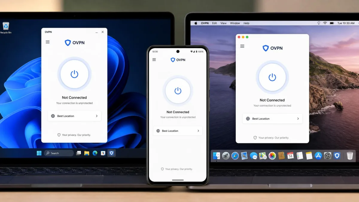 OVPN apps shown side by side on a Windows laptop, an Android phone, and a macOS screen, each displaying the same clean connect interface.