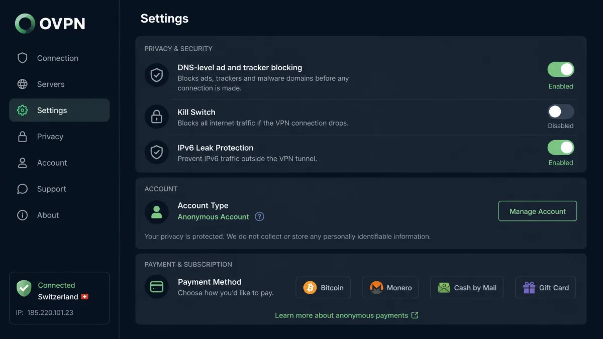 OVPN settings screen showing the DNS-level ad and tracker blocking toggle enabled alongside the anonymous account and payment options.