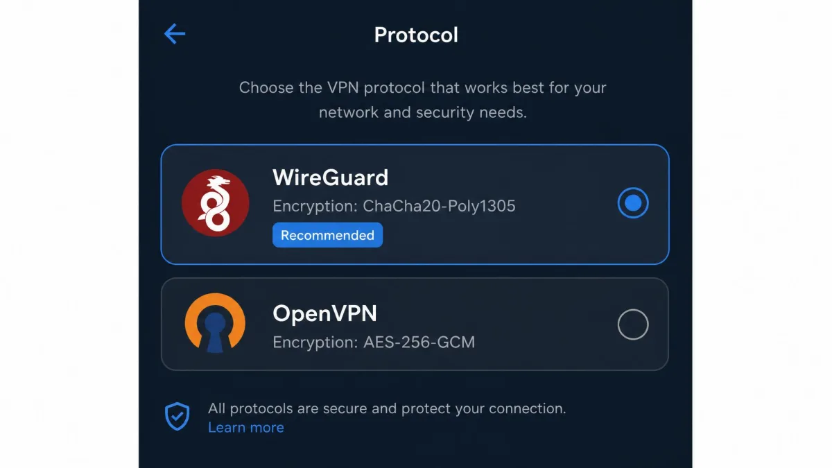 OVPN app protocol selection screen showing WireGuard and OpenVPN options with the encryption cipher for each listed underneath.