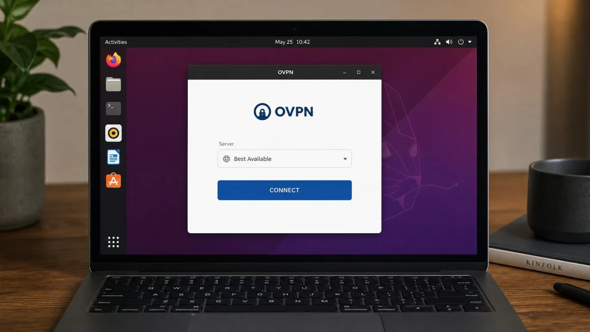 OVPN's Linux desktop client open on a laptop showing the minimal connect screen with a server selector and a single large connect button.